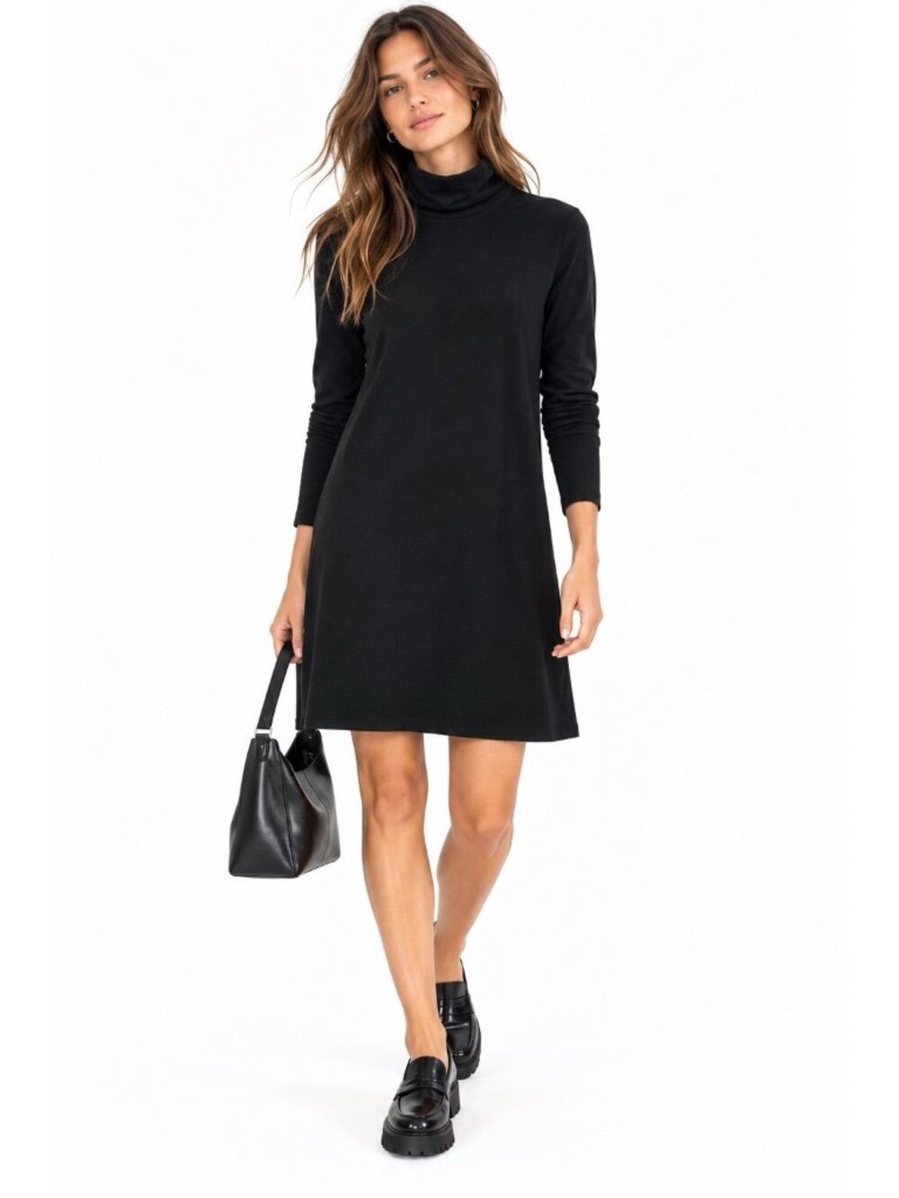 Majestic Filatures French Terry Turtle Neck Dress black MEDIUM 6 knee length